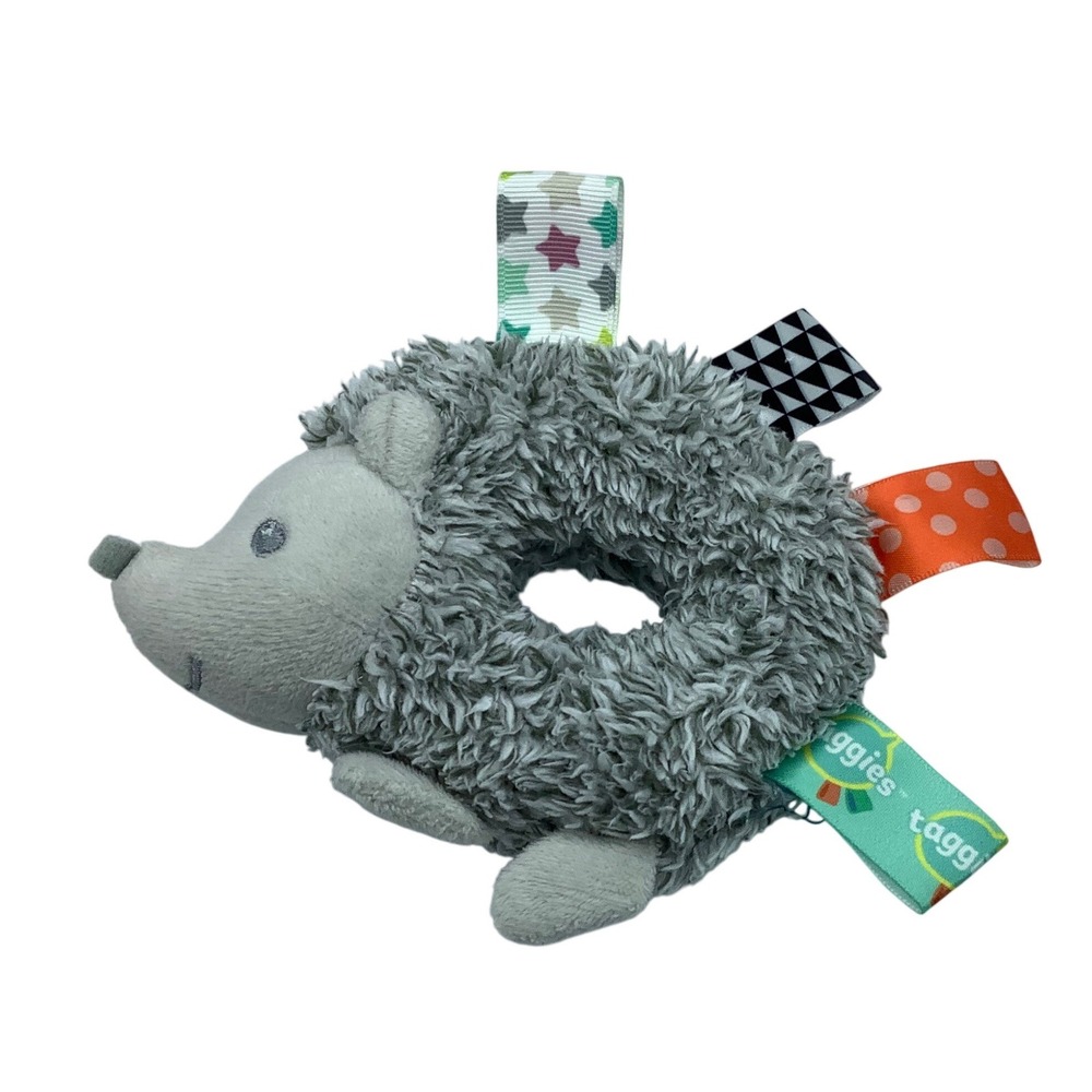 Taggies‎ Hedgehog Rattle Plush Baby Toy Grey Sensory Ribbon Ring 5"